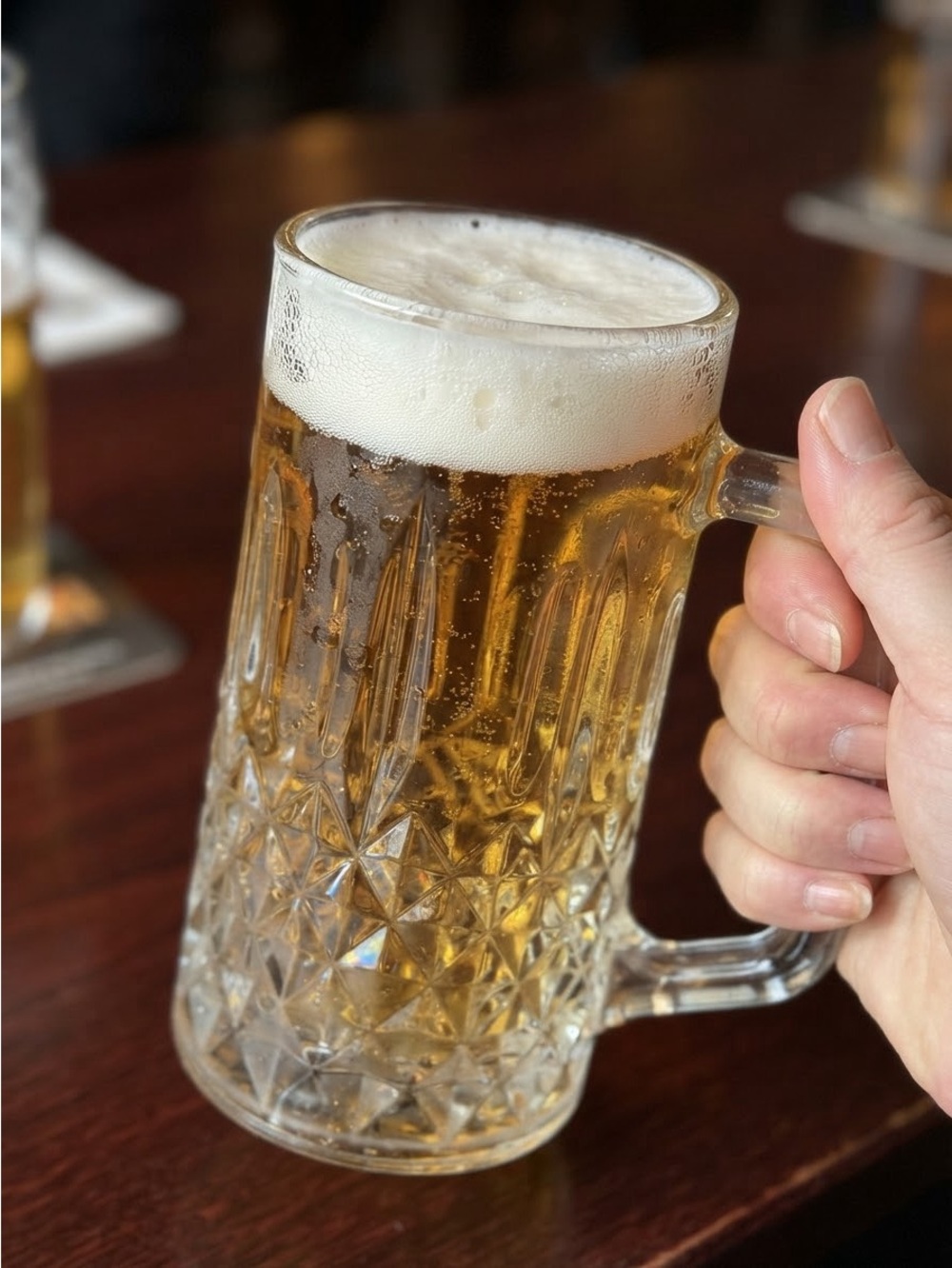 Vintage Heavy Cut Glass Beer Mug Stein with Diamond & Fluted Pattern Barware